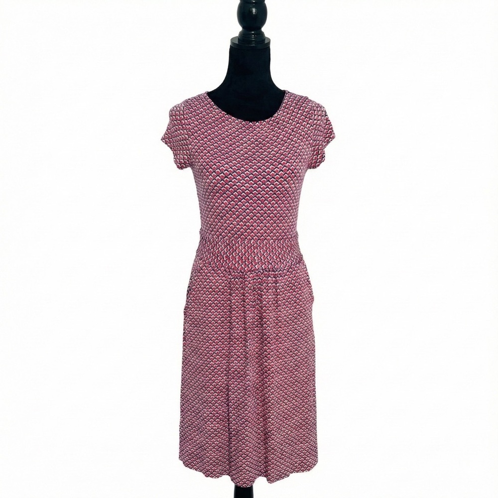 Boden Pink Blue Geo Jersey Midi Dress Pockets Sz 2 Cottage-core, Classic-core